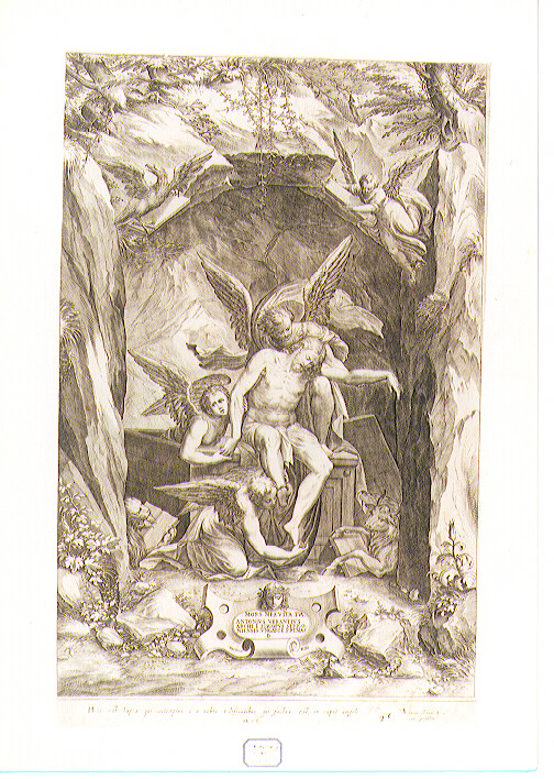 Cristo in pietà sorretto da angeli (stampa) di Rota Martino (sec. XVI)