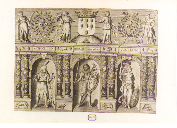 ritratto di un Re e Allegorie delle virtù Reali (stampa) di De Isaac Jaspar (prima metà sec. XVII)