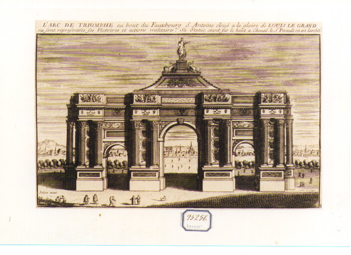 veduta dell'arco di Trionfo al principio di Foubourg-S. Antoine (stampa) di De La Boissière Gilles Jodelet (ultimo quarto sec. XVII)
