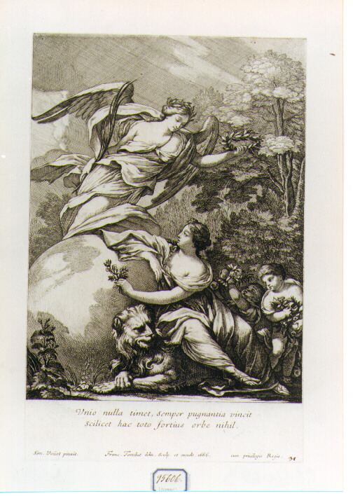 Allegoria della Pace che discende sulla terra (stampa) di Vouet Simon, Tortebat François (sec. XVII)