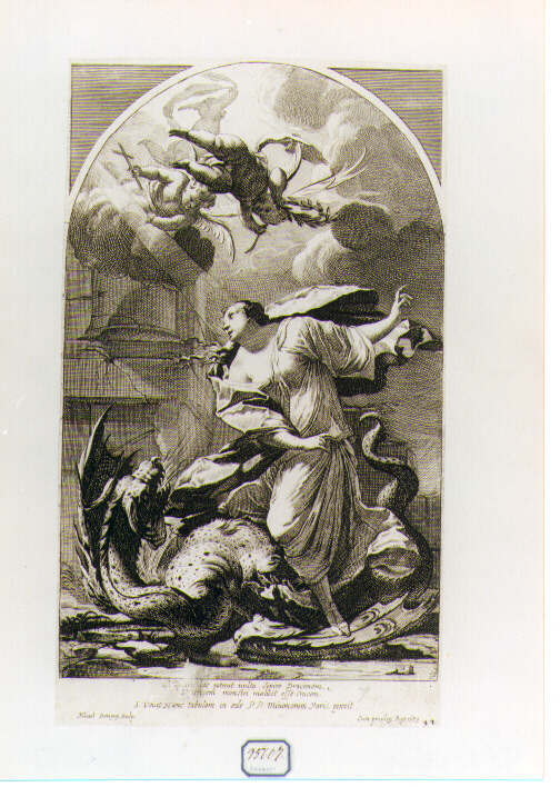 Santa Margherita d'Antiochia sottomette il drago con la croce (stampa) di Dorigny Michel, Vouet Simon (sec. XVII)