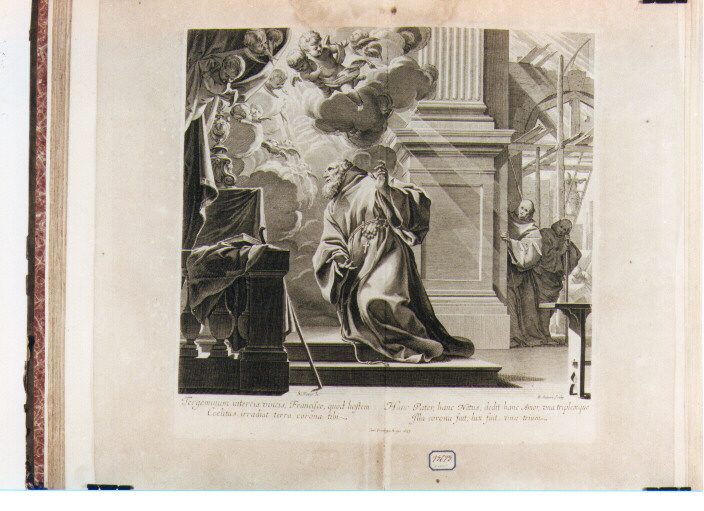 San Francesco di Paola in estasi davanti al Santissimo Sacramento (stampa) di Vouet Simon, Audran Charles (sec. XVII)