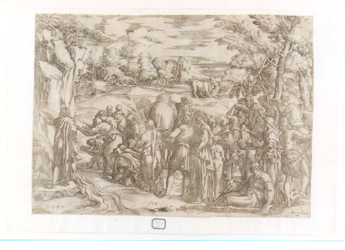 Mosè fa scaturire l'acqua dalla roccia (stampa) di Franco Giovanni Battista detto Semolei (secc. XVI/ XVII)