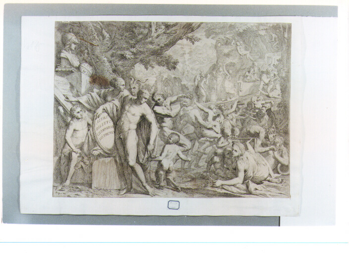 allegoria con figura di giovane che si dedica alle virtù e alle scienze (stampa) di Testa Pietro detto Lucchesino (sec. XVII)