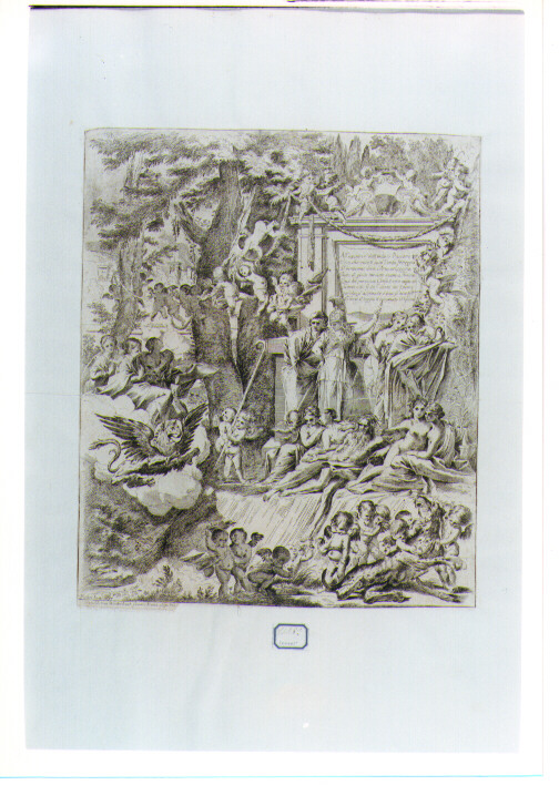 allegoria dell'arrivo di un cardinale a Roma accolto dalle tre virtùteologali (stampa) di Testa Pietro detto Lucchesino (secc. XVII/ XVIII)