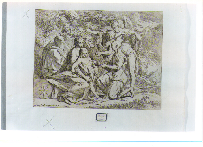 Sacra Famiglia con angelo (stampa) di Testa Pietro detto Lucchesino (seconda metà sec. XVII)