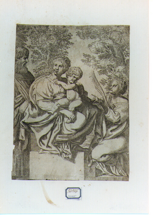 Madonna con Bambino, Sant'Antonio e Santa Caterina d'Alessandria (stampa) di Cavedone Giacomo (sec. XVII)