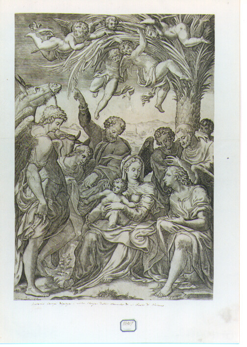 riposo nella fuga in Egitto e miracolo della palma piegata (stampa) di Campi Giulio, Carracci Agostino (sec. XVI)