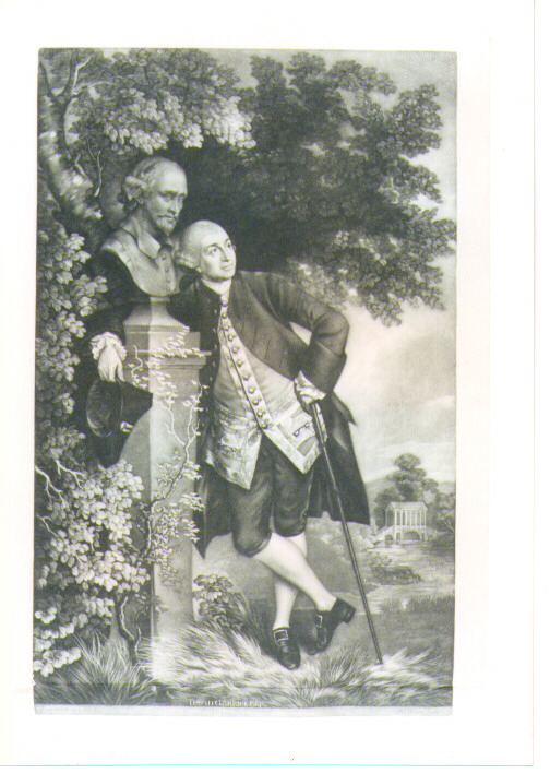 ritratto di David Garrik a figura intera con il busto di Shakespeare (stampa) di Green Valentine, Gainsborough Thomas (sec. XVIII)