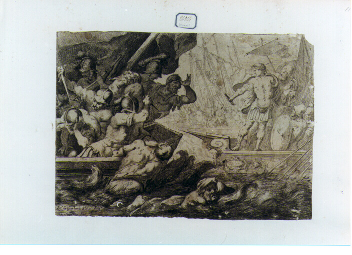battaglia navale con imperatore Romano (stampa) di Cotta Giacomo, Storer Johann Christophorus (sec. XVII)
