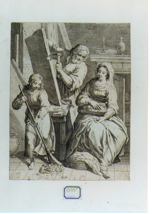 Gesù fanciullo nella bottega di San Giuseppe con la Madonna (stampa) di Mariette Pierre-Jean (sec. XVIII)