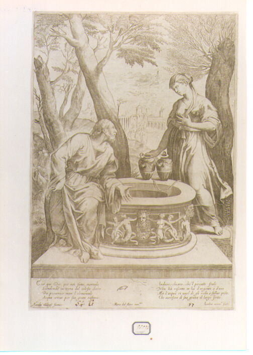 Cristo e la samaritana al pozzo (stampa) di Angolo Battista detto Battista del Moro, Valesio Giacomo (sec. XVI)
