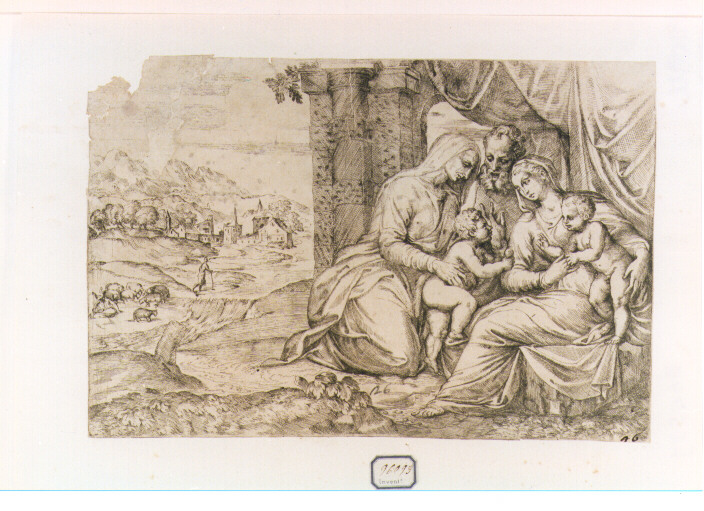 Sacra Famiglia con San Giovannino e Sant'Elisabetta (stampa) di Angolo Battista detto Battista del Moro (sec. XVI)