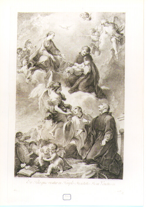 Madonna con Bambino e Santi dell'ordine Gesuita (stampa) di Balestra Antonio, Bartolozzi Francesco (sec. XVIII)