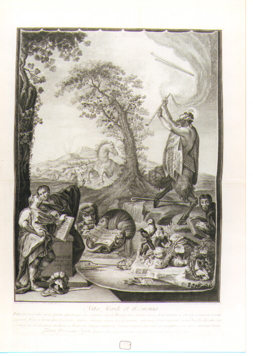 allegoria del primato degli antichi sui moderni (stampa) di Buffetti Giuseppe, Dall'Acqua Cristoforo, Boscaratti Felice (sec. XVIII)