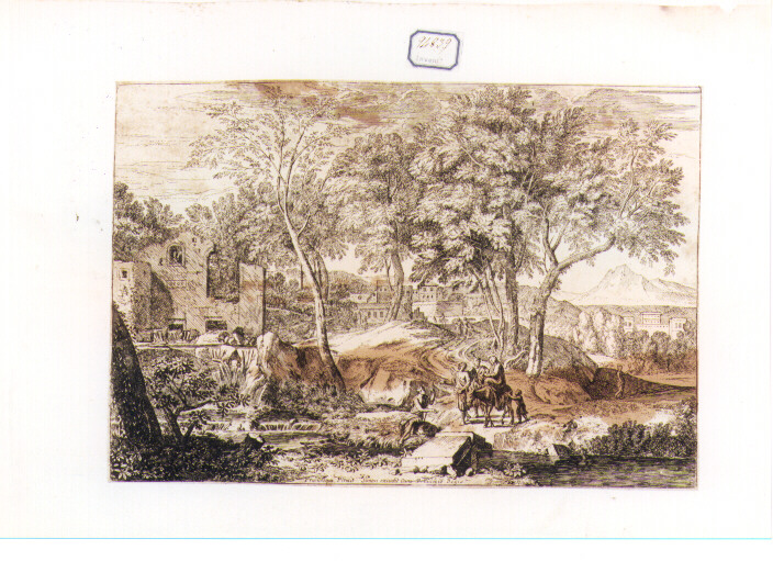 paesaggio con la fuga in Egitto (stampa) - ambito francese (sec. XVII)