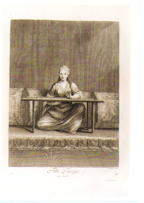 FIGURA FEMMINILE DI ORIENTALE CHE RICAMA (stampa) di Du Bosc Claude (sec. XVIII)
