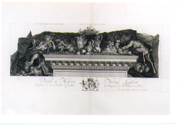 MOTIVO DECORATIVO CON BACCO E PAN (stampa) di Lebrun Charles, Surugue Louis, Picart Bernard (sec. XVIII)