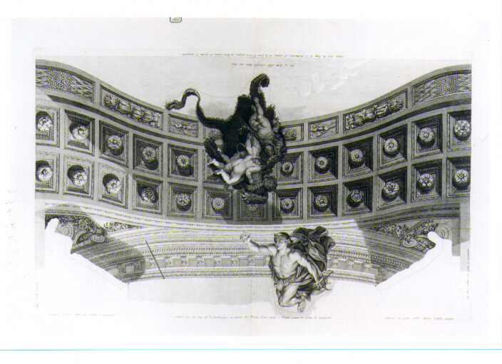 MOTIVO DECORATIVO A CASSETTONI CON SIMBOLI DI ERCOLE E PUTTI (stampa) di Lebrun Charles (attribuito), Picart Bernard (sec. XVIII)