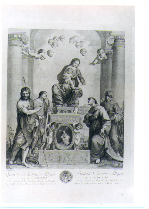 MADONNA CON BAMBINO IN TRONO CON SAN GIOVANNI BATTISTA, SANTA CATERINA SAN TOMMASO E SANT'ANTONIO DA PADOVA (stampa) di Allegri Antonio detto Correggio, Fessard Etienne, Hutin Charles François (sec. XVIII)