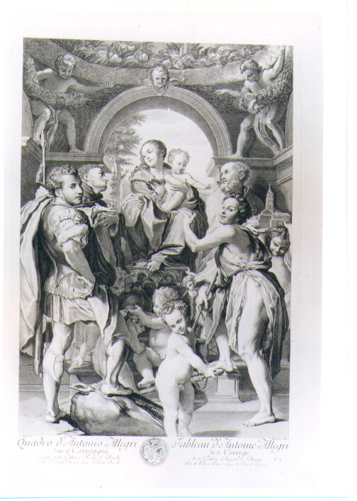 MADONNA CON BAMBINO IN TRONO TRA SAN GIORGIO SANTO STEFANO SAN GIOVANNI BATTISTA (stampa) di Allegri Antonio detto Correggio, Hutin Charles François, De Beauvais Jacques Philippe (sec. XVIII)