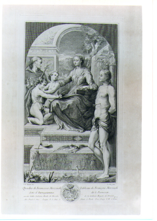 MADONNA LEGGENTE TRA SANT'ANTONIO DI PADOVA E SAN SEBASTIANO (stampa) di Mazzola Francesco detto Parmigianino, Lemire Noel, Internari Giovanni Battista (sec. XVIII)