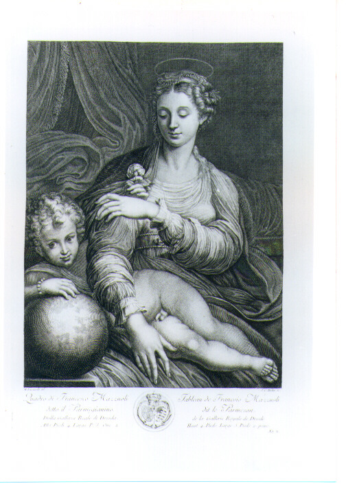 MADONNA CON BAMBINO (stampa) di Bacciarelli Marcello, Mazzola Francesco detto Parmigianino, Teucher Johann Christoph (sec. XVIII)