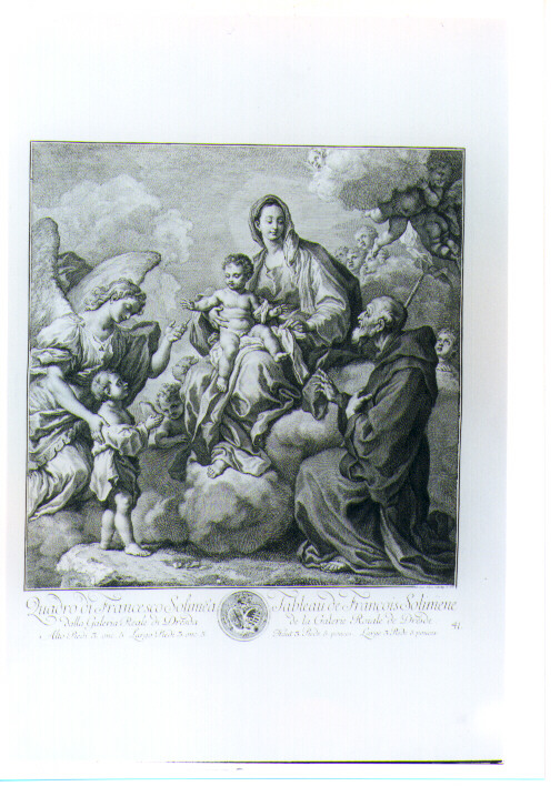 MADONNA CON BAMBINO IN GLORIA CON SAN FRANCESCO DI PAOLA E L'ANGELO CUSTODE (stampa) di Solimena Francesco detto Abate Ciccio, Kilian Philipp Andreas (sec. XVIII)