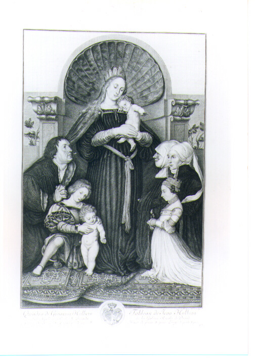 MADONNA CON BAMBINO E DONATORI (stampa) di Boetius Christian Friedrich, Holbein Hans il Giovane (sec. XVIII)