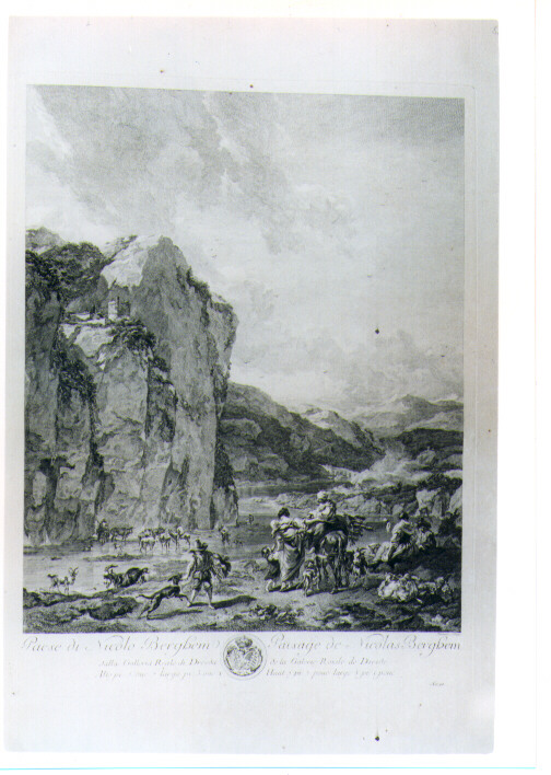 PAESAGGIO FLUVIALE (stampa) di Berchem Nicolas, Aliamet Jean Jacques (sec. XVIII)