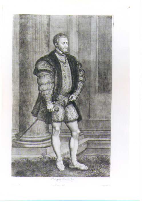 RITRATTO DI FILIPPO II (stampa) di Vecellio Tiziano, Mogalli Cosimo, Petrucci Francesco (sec. XVIII)