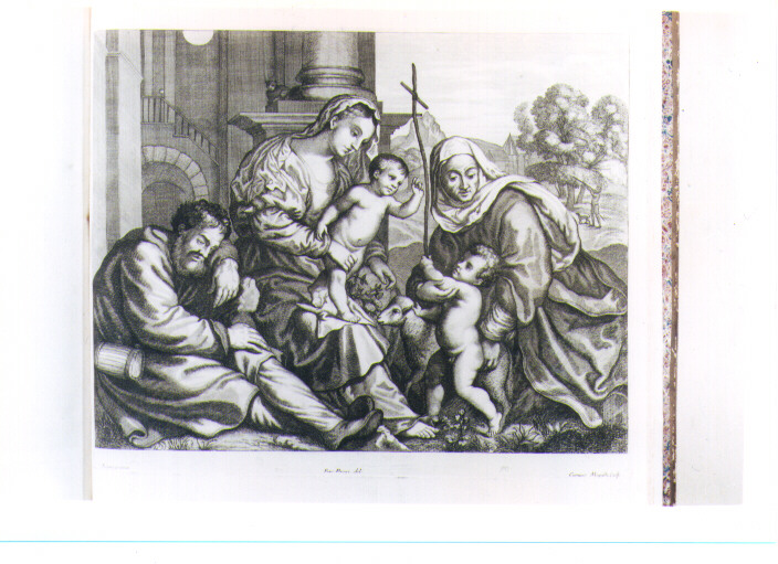 SACRA FAMIGLIA CON SANT'ANNA E SAN GIOVANNINO (stampa) di Vecellio Tiziano, Mogalli Cosimo, Petrucci Francesco (sec. XVIII)
