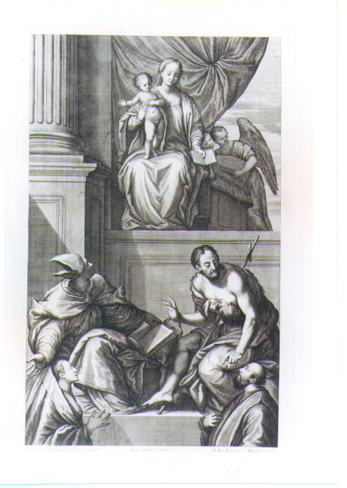 MADONNA CON BAMBINO IN TRONO TRA SANTI E DONATORI (stampa) di Caliari Paolo detto Paolo Veronese, Lorenzini Giovanni Antonio detto Fra Antonio, Petrucci Francesco (sec. XVII)
