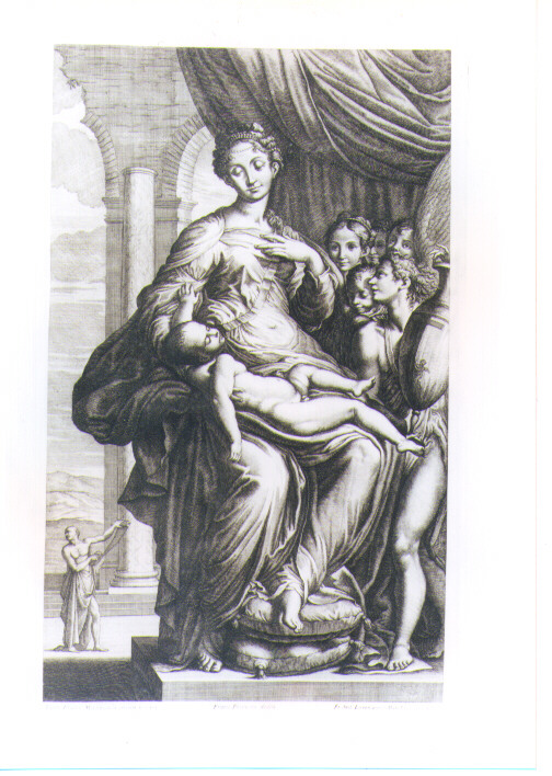 MADONNA CON BAMBINO E ANGELI (stampa) di Mazzola Francesco detto Parmigianino, Lorenzini Giovanni Antonio detto Fra Antonio, Petrucci Francesco (sec. XVII)