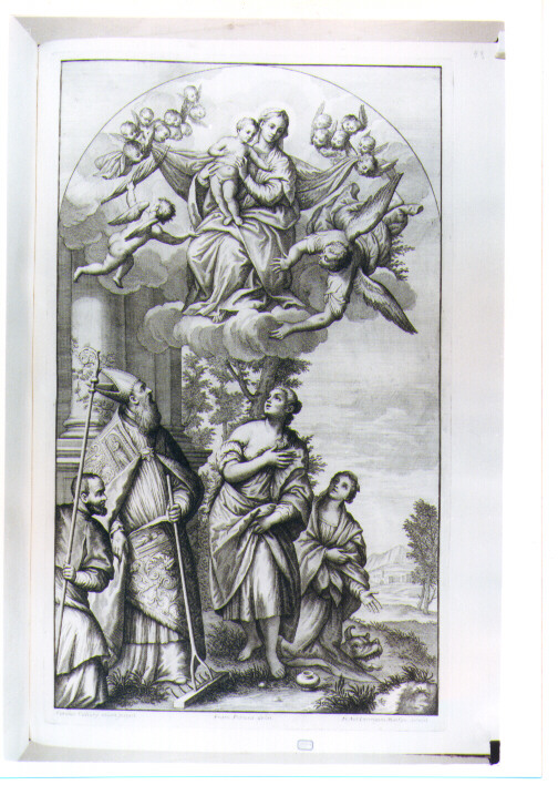 APPARIZIONE DELLA MADONNA A SANTO VESCOVO E A SANTA MARIA MADDALENA (stampa) di Caliari Paolo detto Paolo Veronese, Lorenzini Giovanni Antonio detto Fra Antonio, Petrucci Francesco (sec. XVII)