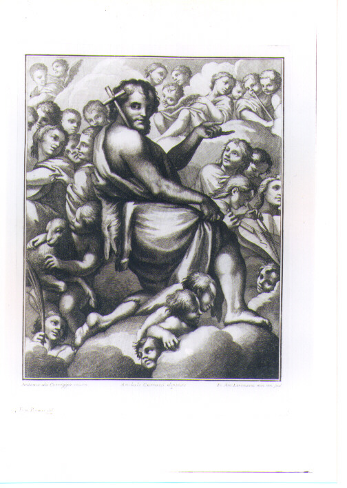 ASSUNZIONE DI SAN GIOVANNI BATTISTA (stampa) di Petrucci Francesco, Allegri Antonio detto Correggio, Carracci Annibale, Lorenzini Giovanni Antonio detto Fra Antonio (sec. XVII)