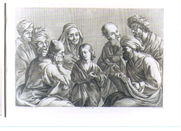 DISPUTA DI GESU' CON I DOTTORI DEL TEMPIO (stampa) di Merisi Michelangelo detto Caravaggio, Verkruis Theodor, Petrucci Francesco (prima metà sec. XVIII)