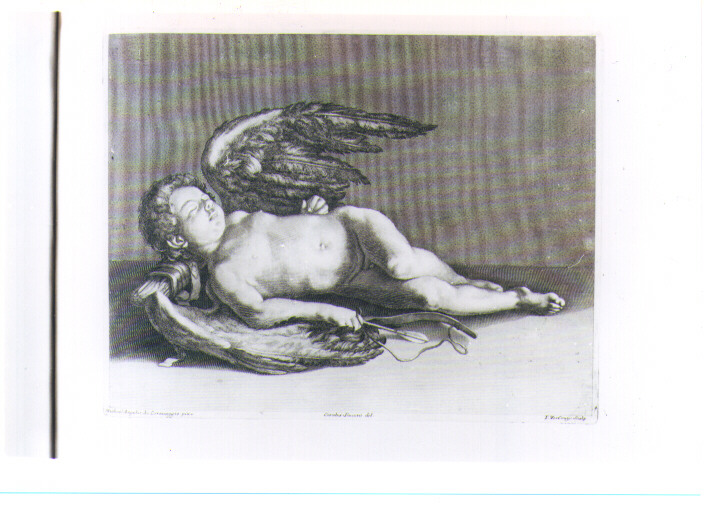 CUPIDO DORMIENTE (stampa) di Merisi Michelangelo detto Caravaggio, Verkruis Theodor, Sacconi Carlo Ventura (prima metà sec. XVIII)