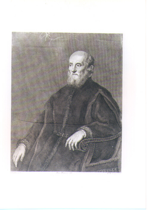 FIGURA MASCHILE DI ANZIANO SEDUTO (stampa) di Vecellio Tiziano, Verkruis Theodor, Petrucci Francesco (prima metà sec. XVIII)