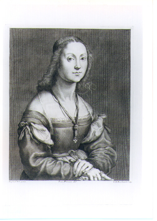 RITRATTO FEMMINILE A MEZZA FIGURA (stampa) di Sanzio Raffaello detto Raffaello, Picchianti Giovanni Domenico, Petrucci Francesco (prima metà sec. XVIII)