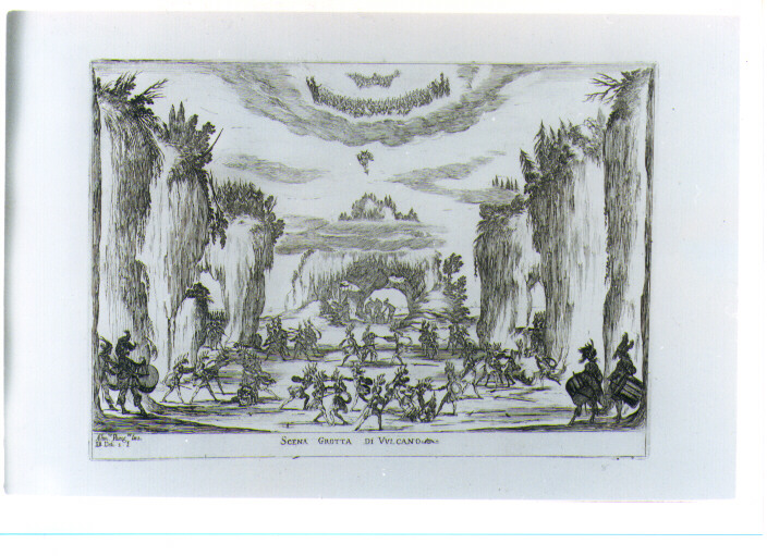 SCENA TEATRALE CON LA GROTTA DI VULCANO (stampa) di Parigi Alfonso I, Della Bella Stefano (sec. XVII)