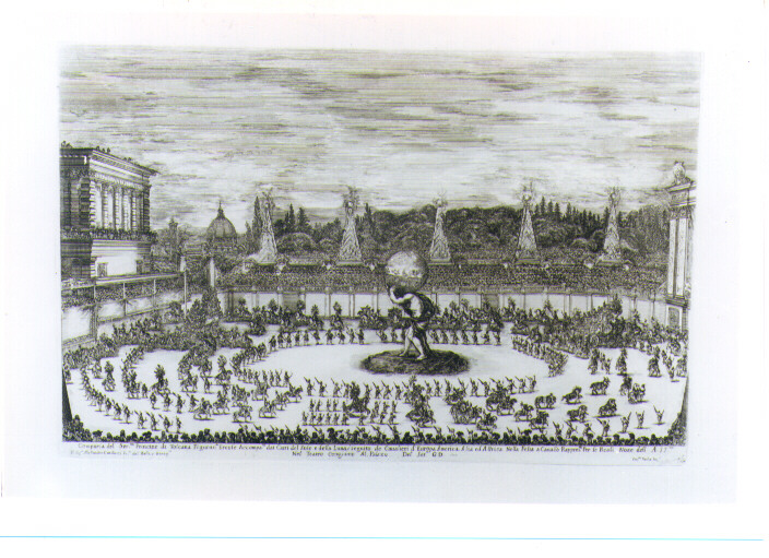 SCENA DI BALLETTO E COMBATTIMENTO A CAVALLO CON ATLANTE (stampa) di Della Bella Stefano (sec. XVII)