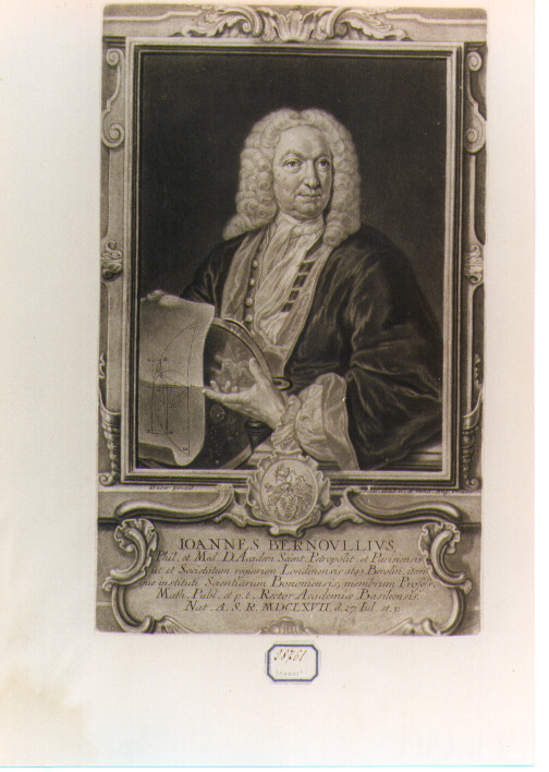 RITRATTO DI IOANNES BERNOULLIUS (stampa controfondata smarginata) di Huber Johann Rudolph, Haid Johann Jakob (sec. XVIII)