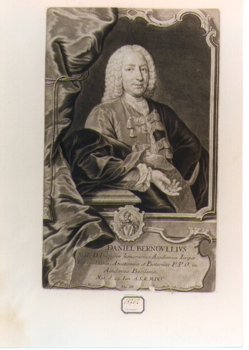 RITRATTO DI DANIEL BERNOULLIUS (stampa controfondata smarginata) di Huber Johann Rudolph, Haid Johann Jakob (sec. XVIII)