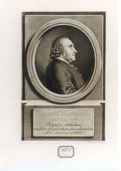 RITRATTO DI IOANNES BERNARDUS BASSEDOW (stampa controfondata smarginata) di Haid Johann Elias (sec. XVIII)