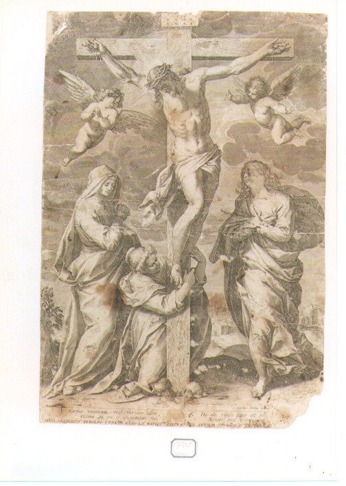 CROCIFISSIONE DI CRISTO (stampa controfondata smarginata) di Negretti Jacopo detto Jacopo Palma il Giovane - ambito fiammingo (?) (primo quarto sec. XVIII)