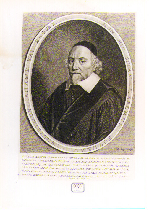 RITRATTO DI ANDREAS RIVETUS (stampa controfondata smarginata) di Dubordieu Pieter, Suyderhoef Jonas (sec. XVII)