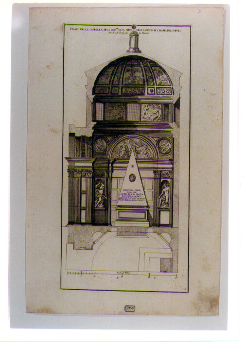 SEZIONE LATERALE E PIANTA DELLA CAPPELLA CHIGI IN SANTA MARIA DEL POPOLO A ROMA (stampa) di Sanzio Raffaello detto Raffaello (CERCHIA), De Rossi Giovanni Giacomo (sec. XVII)