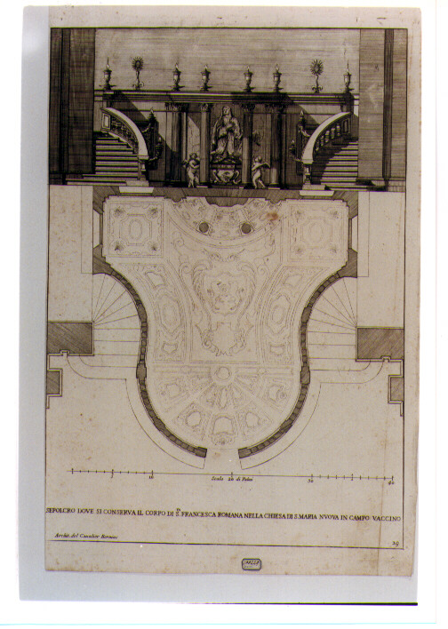 VEDUTA FRONTALE E PIANTA DEL SEPOLCRO DI SANTA FRANCESCA ROMANA IN SANTA MARIA NUOVA A ROMA (stampa smarginata) di Bernini Gian Lorenzo (CERCHIA), De Rossi Giovanni Giacomo (sec. XVII)