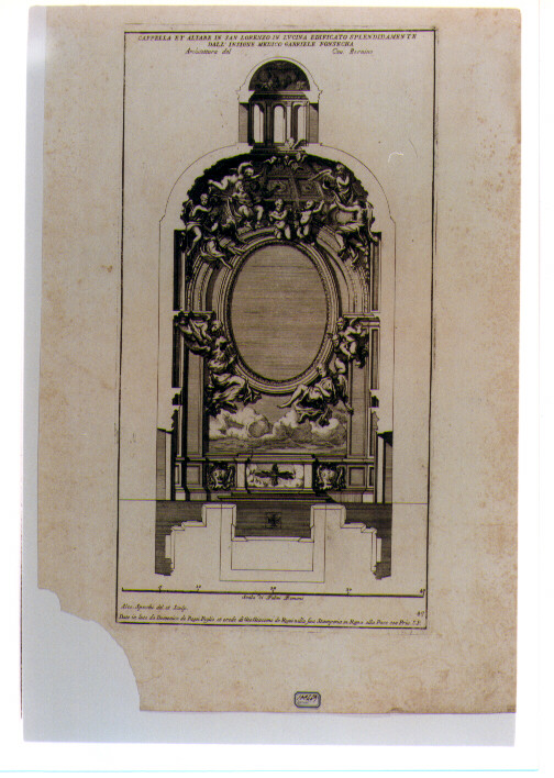 SEZIONE FRONTALE E PIANTA DELLA CAPPELLA FONSECA IN SAN LORENZO IN LUCINADI ROMA (stampa) di Bernini Gian Lorenzo, Specchi Alessandro (sec. XVII)